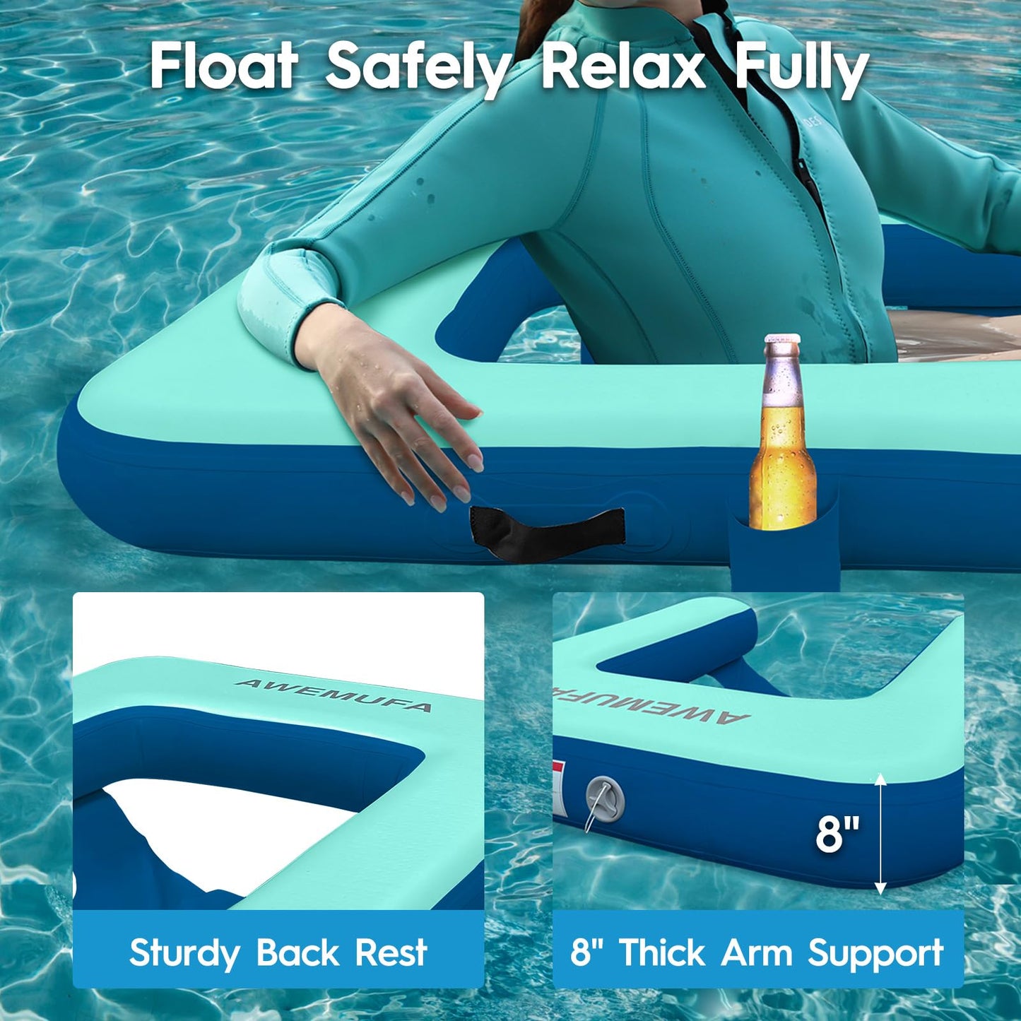 AWEMUFA 3.3x4ft Inflatable Chair for Adults, Inflatable Floating Chair Pool Floats Pool Lounger Chairs Water Floats Pool Chair Floats River Lake Floats Outside Tanning Arm Floaties