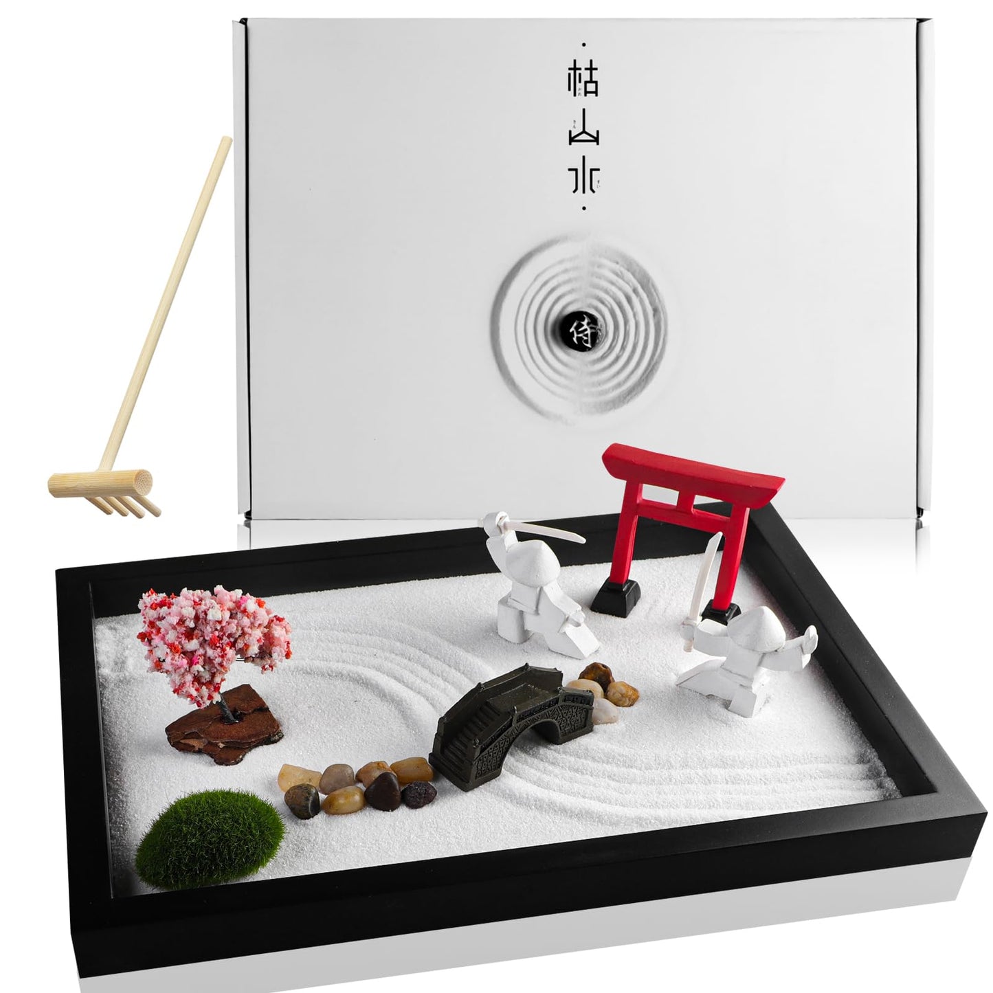 Japanese Zen Garden for Desk - Sakura Tree Samurai 12" x 8" Desktop Mini Zen Garden with White Sand Artificial Bonsai Tree Rocks Rakes & Accessories - Meditation Zen Gifts Office Decor