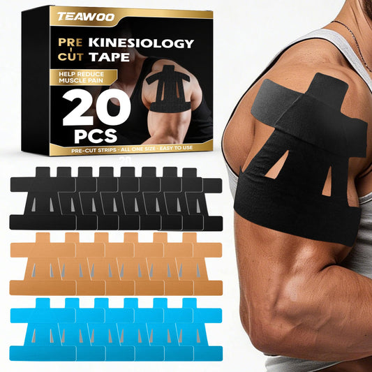 TEAWOO PreCut Kinesiology Tape for Shoulder (20 Pcs) – Waterproof Breathable Athletic Tape, Enhanced Adhesion & Elasticity, Shoulder Pain Relief Support for Sports & Daily Use (Black, Beige & Blue)