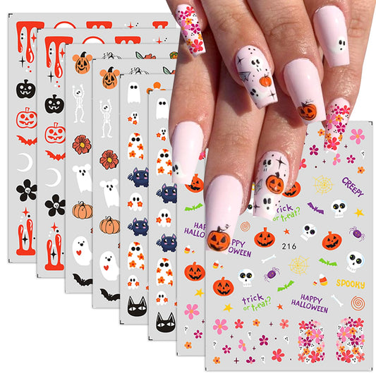 Halloween Nail Art Stickers 8 Sheets Cute Halloween Cartoon Nail Stickers Cute Ghost Pumpkin Stickers Blood Bats Cat Spider Web Skull Nail Art Design Nail Decals for Women DIY Halloween Charms