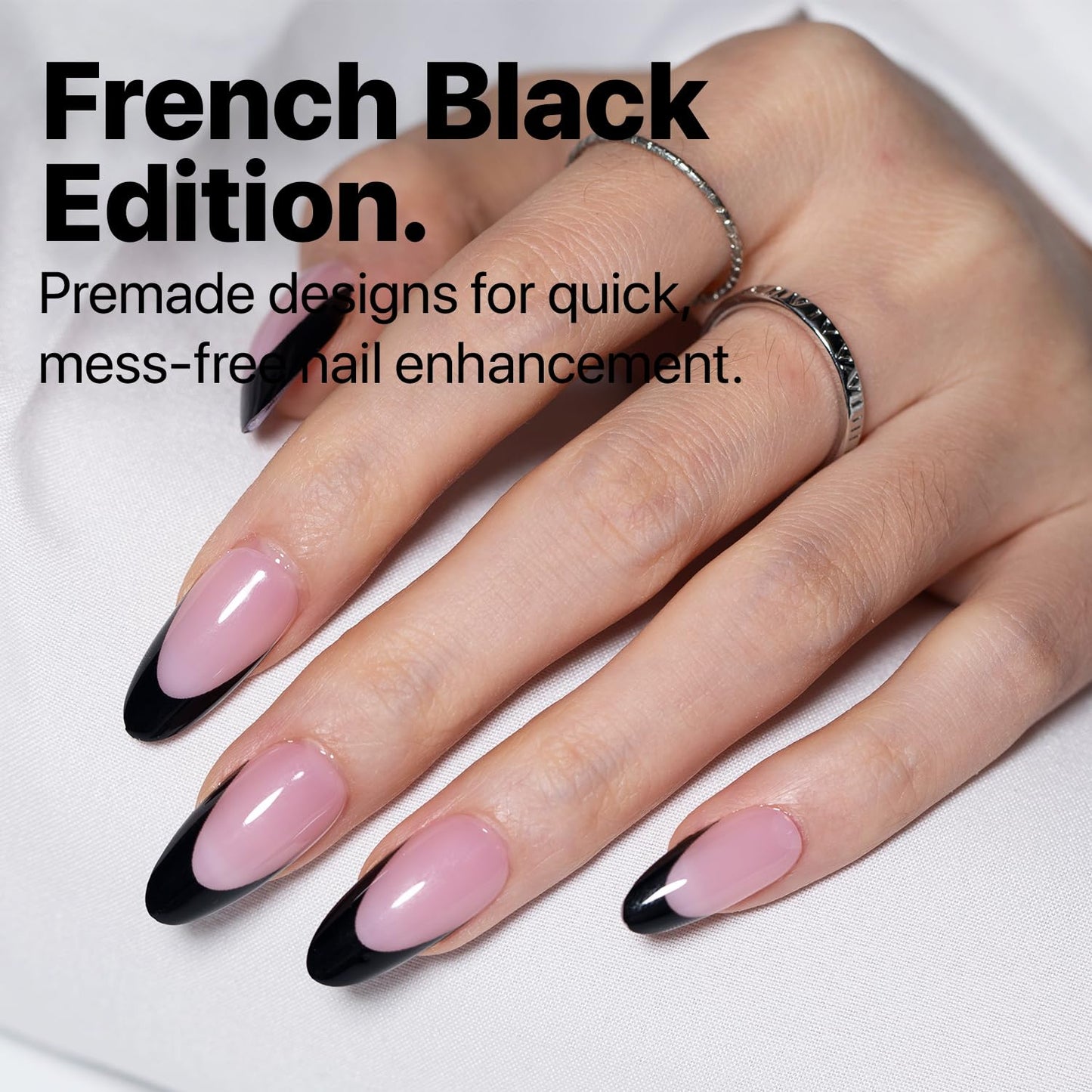 SXC Cosmetics French Tip Press On Nails 150 Pieces in 15 Sizes Ultra Fit with Pre-applied Tip Primer and Base Coat, No Need to File Fake Nails for Nail Art DIY X-Pro Tips (BLACK115-M Almond)