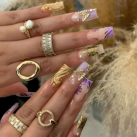 Rchovsam Long Press on Nails Square xl French Tip Fake Nails Purple 3D Butterfly Diamond Designs Nails Press Ons 3D Gold Stripe Stick on Nails Full Cover Artificial Nails Gift for Women 24pcs