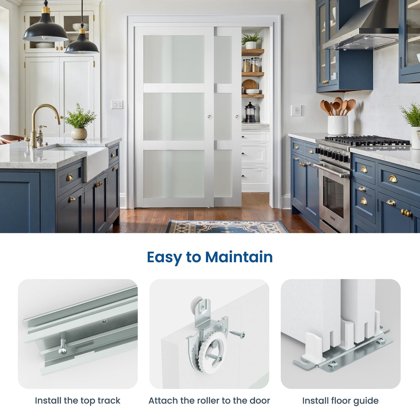 COSHOMER Sliding Closet Door for 48" x 80" Opening with Hardware Kit Set, Preassembled 3-Lite Frosted Glass MDF Barn Doors, White