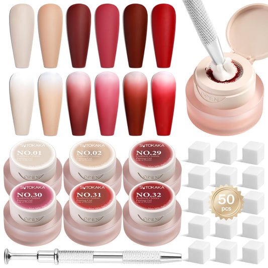 SUTOKAKA 6 Color Cushion Ombre Painting Gel Kit, Red Nude Ombre Patting Gel with Soft Sponges Grabber Pen, Professional Gradient Nail Polish for DIY Aura Blush Blend French Manicure Design