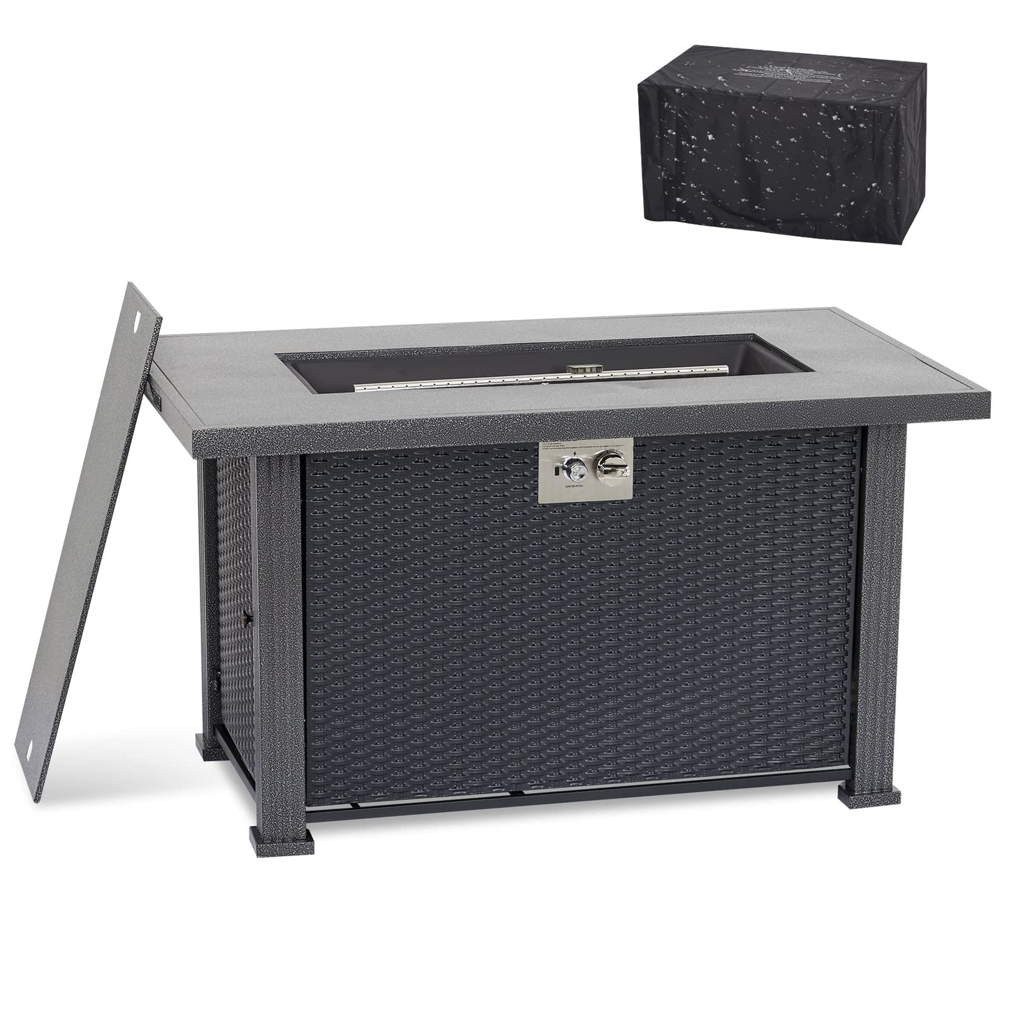 44 in Propane Fire Pit Table, 50000BTU Rectangle Fire Table with Cover & Rain Cover, Sturdy Steel and Iron Fence Surface, CSA Safety Certified, Companion for Your Garden
