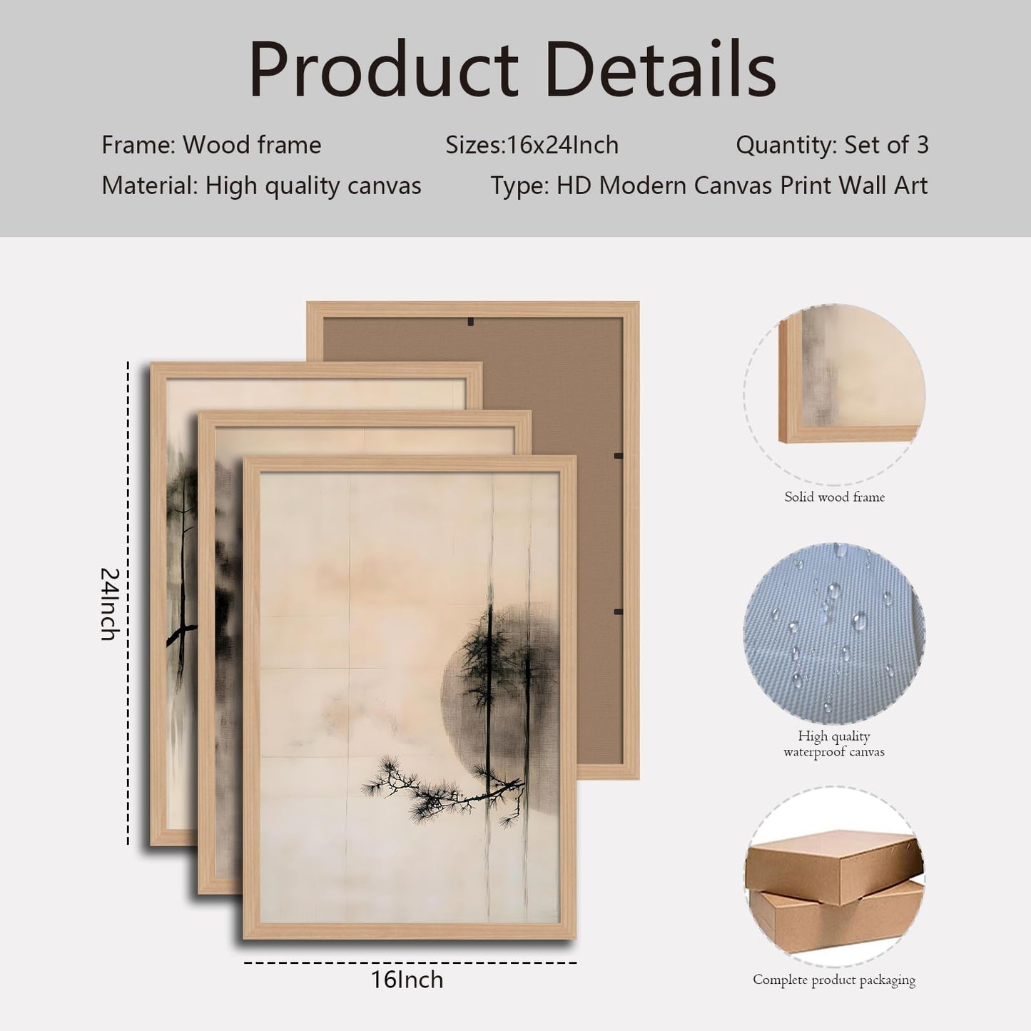 skysoon Minimalist Zen Wall Art Set of 3, Abstract Ink Landscape Canvas Prints, Neutral Pine Tree and Bird Artwork, Modern Japanese Scandinavian Wall Decor for Living Room Bedroom Office 16x24 Inch