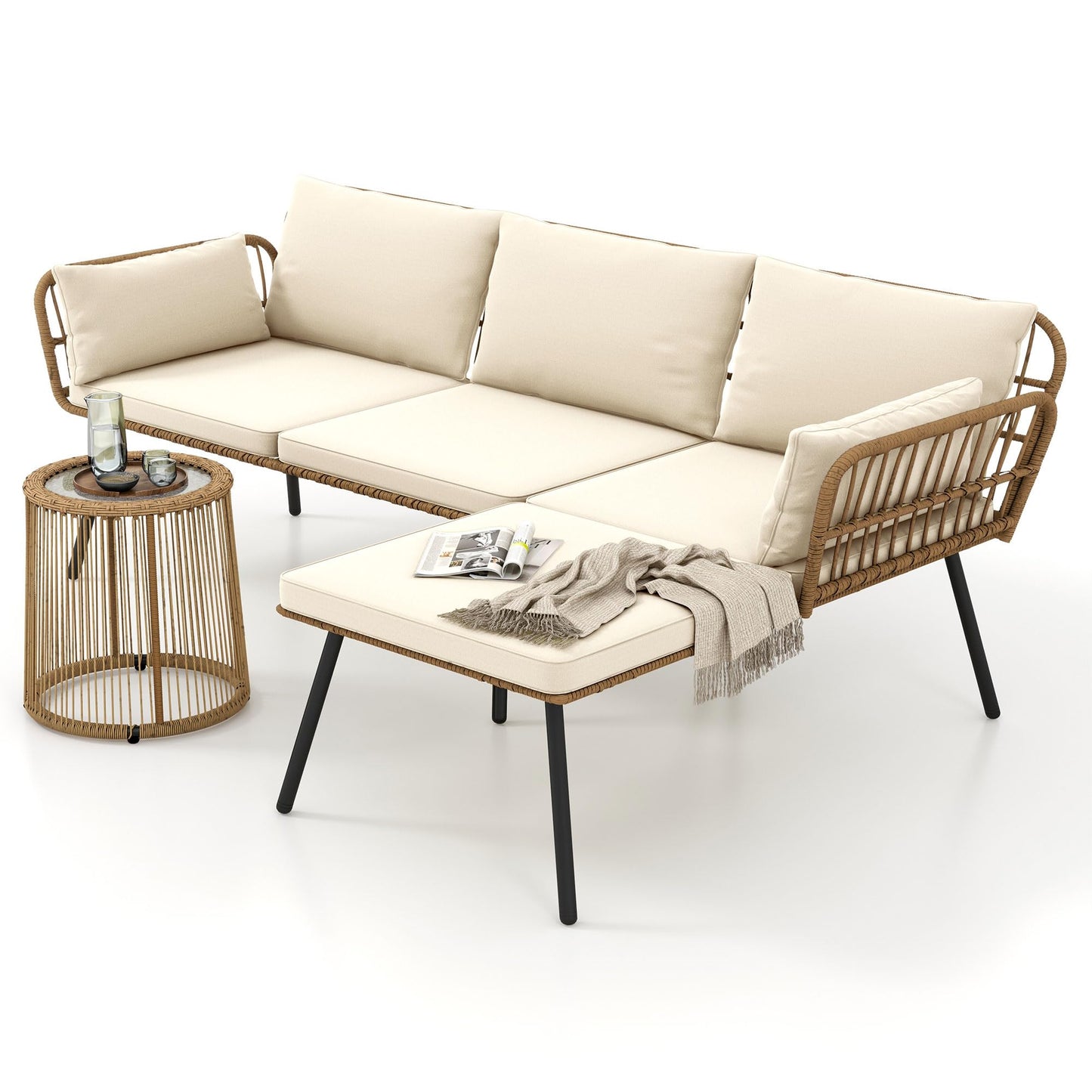 DWVO Patio Furniture Set 3 Piece Outdoor Wicker Conversation Set with Detachable Cushions and Coffee Table L-Shaped Sectional Sofa Set Outdoor Furniture Set for Backyard Porch Deck - Beige