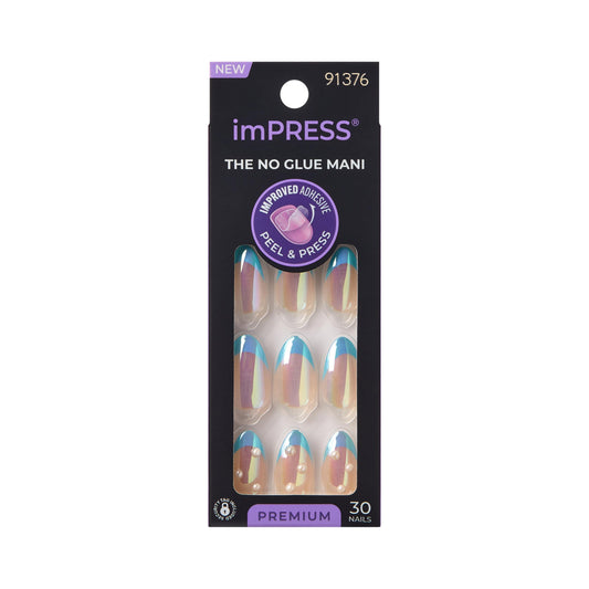 Kiss Impress No Glue Mani Press On Nails, Design, 'Best Life', Blue, Medium Size, Almond Shape, Includes 30 Nails, Prep Pad, Instructions Sheet, 1 Manicure Stick, 1 Mini File