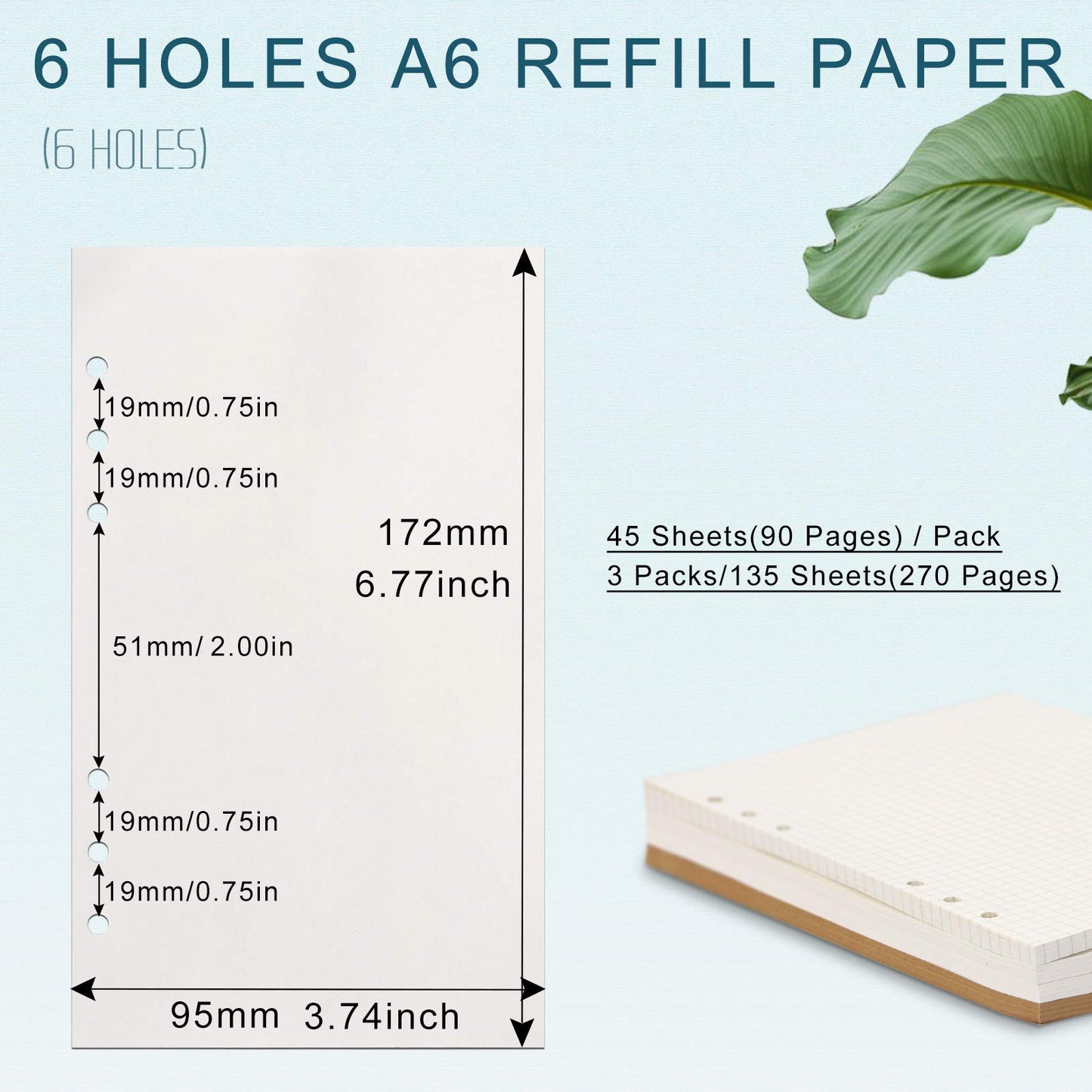 A6 Refill Paper, [3 Pack] Toplive 100GSM Thick Refillable Blank Paper 6 Hole Filler Inserts Loose Leaf Paper 135 Sheets (270 Pages) for 6 Ring Binder Journal Notebook