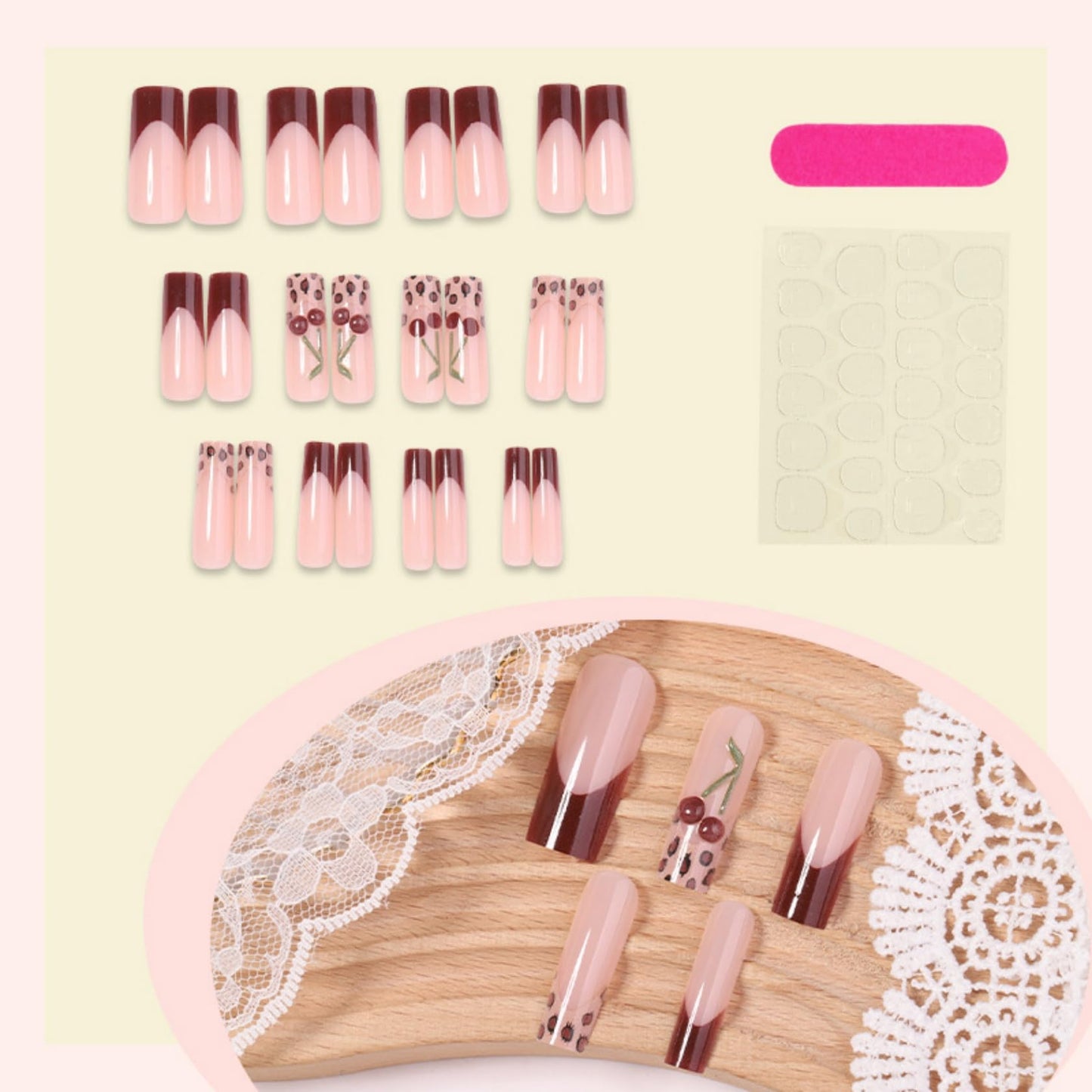 Long Square Press on Nails Fake Nails Artificial Nail Stick on Nail for Women, Leopard & Cherry Design on Nude Base with Red French Tip and Gold Leaf Accents