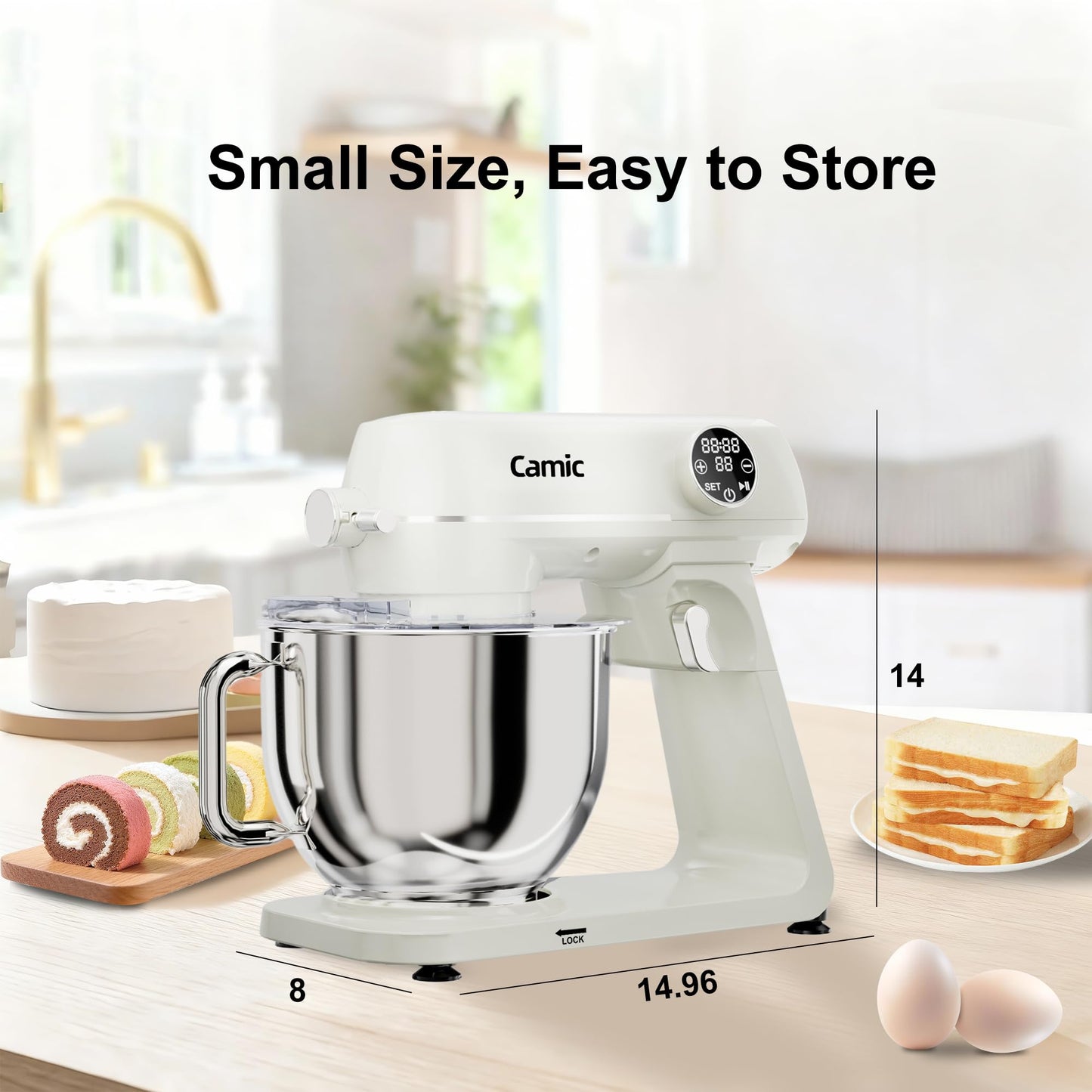 8.45 QT All Metal Stand Mixer,10 Speed Large Capacity Kitchen Mixer with Digital Timer & Tilt-Head, Electric Mixer with Whisk Dough Hook Mixing Beater for Baking,Cakes,Cookie,Bread,Salad(White)