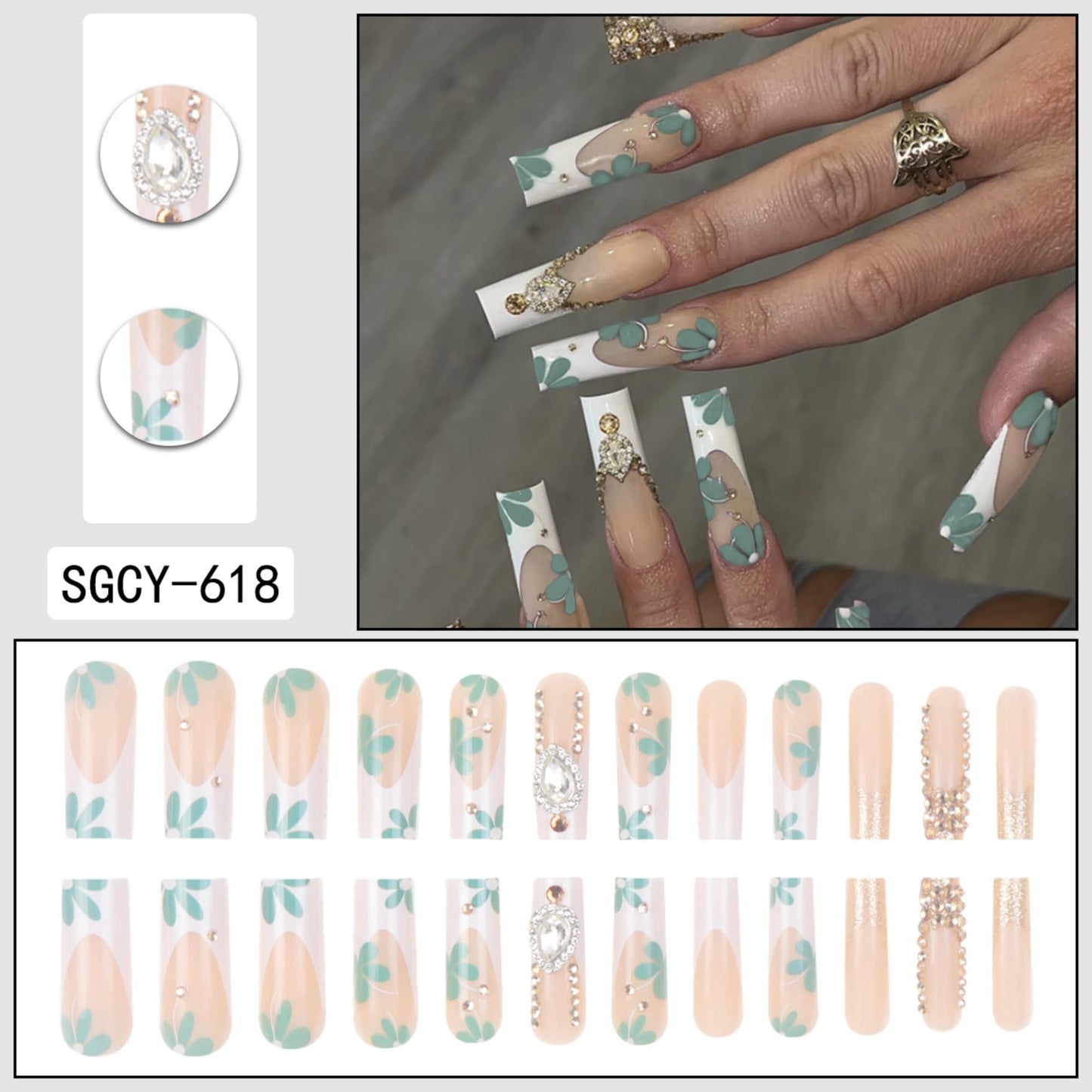 octoswave Press on Nails Long Square Fake Nails French White Artificial Nail 3D Rhinestones Stick on Nail for Women 24pcs