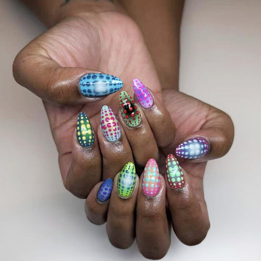 IMRAIN Medium Press on Nails Almond Fake Nails Colorful Ombre False Nails with Polka Dot Design Glossy Glue on Nails Full Cover Y2K Cute Artificial Acrylic Nail Supplies for Women