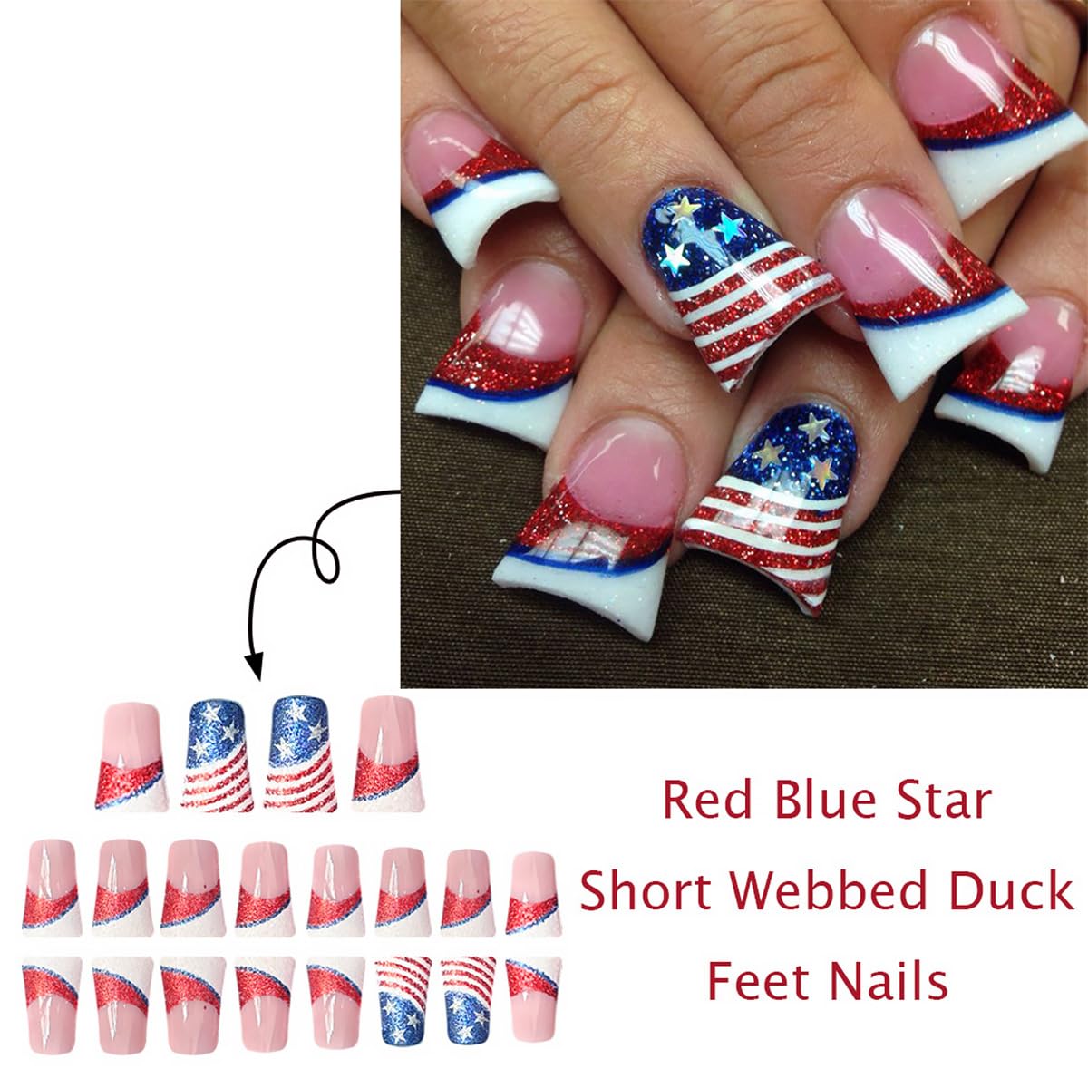 24Pcs 4th of July Press on Nails Duck Short French Tip Fake Nails with Red Blue Glittter Design Independence Day American Flag False Nails Full Cover Artificial Stick on Nails Glue on Nail for Women
