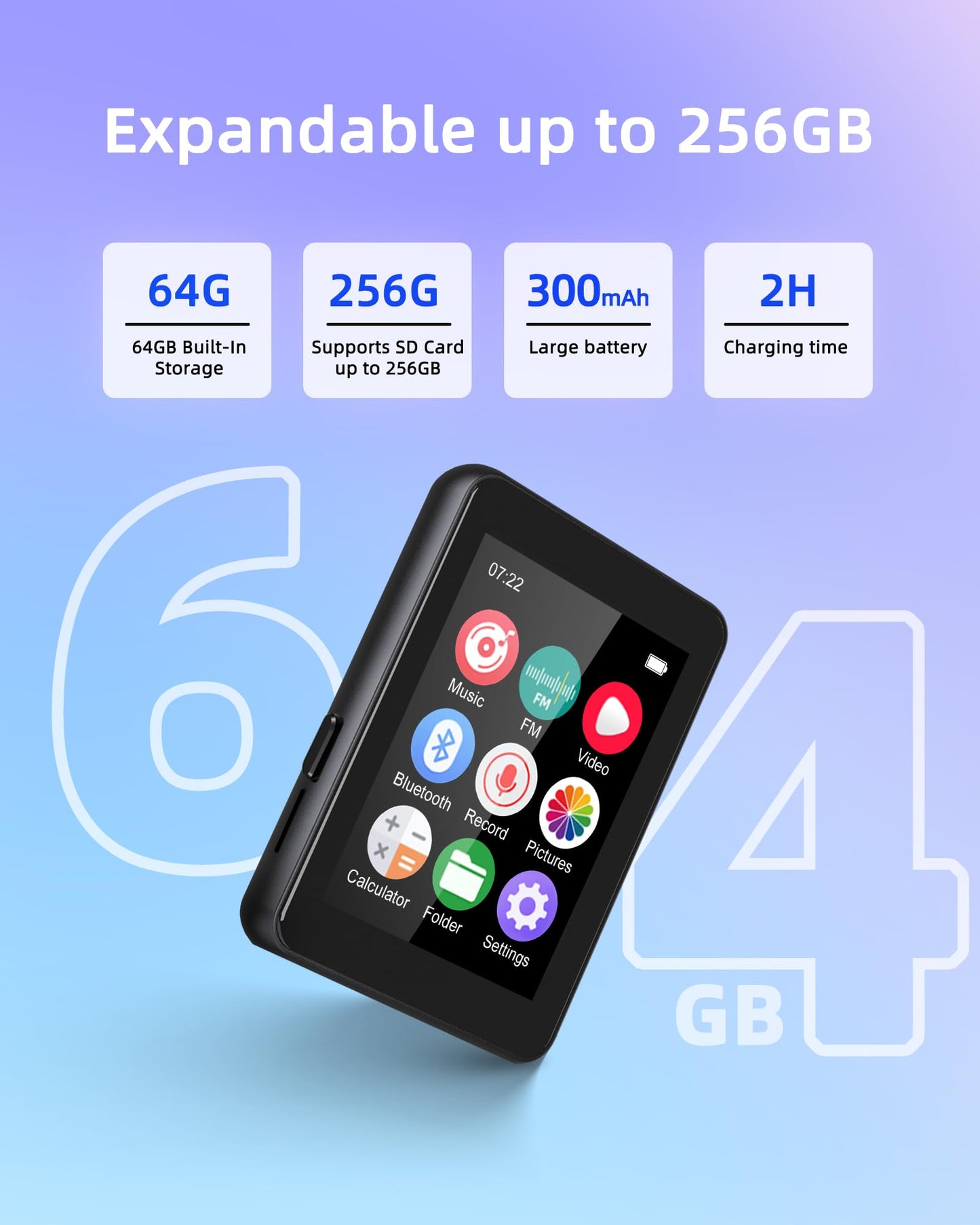 64GB Music Player with Bluetooth 5.3, 2.4" Portable MP3 Player with Speaker, FM Radio, Voice Recorder, E-Book, Full Touch Screen, Supports up to 256GB (Earphones Included)