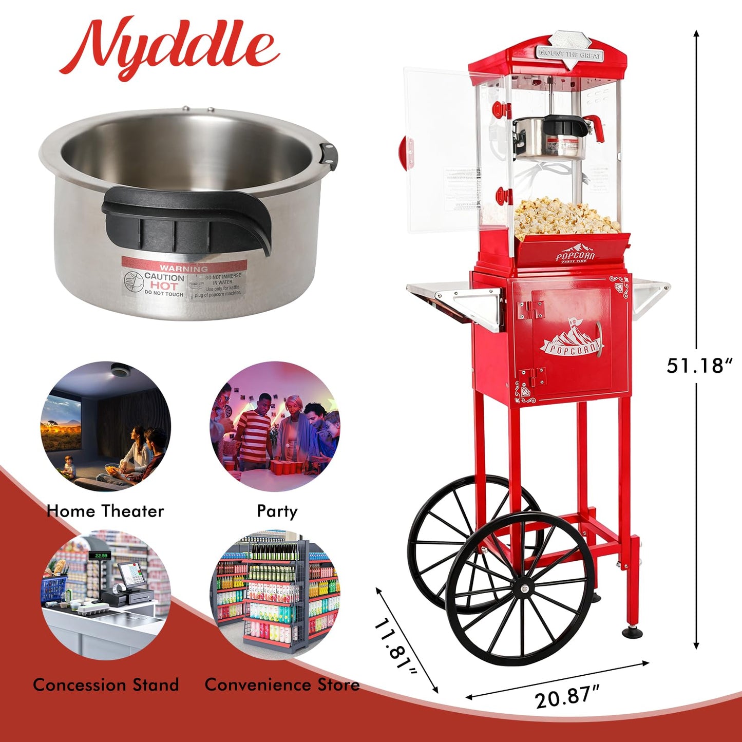 Nyddle Popcorn Machine with Cart, Wheels & 10 Oz Kettle Popcorn Maker, Movie Theater Popcorn Maker Machine, Home Theater Popcorn Popper Measuring 3 Plastic Spoons