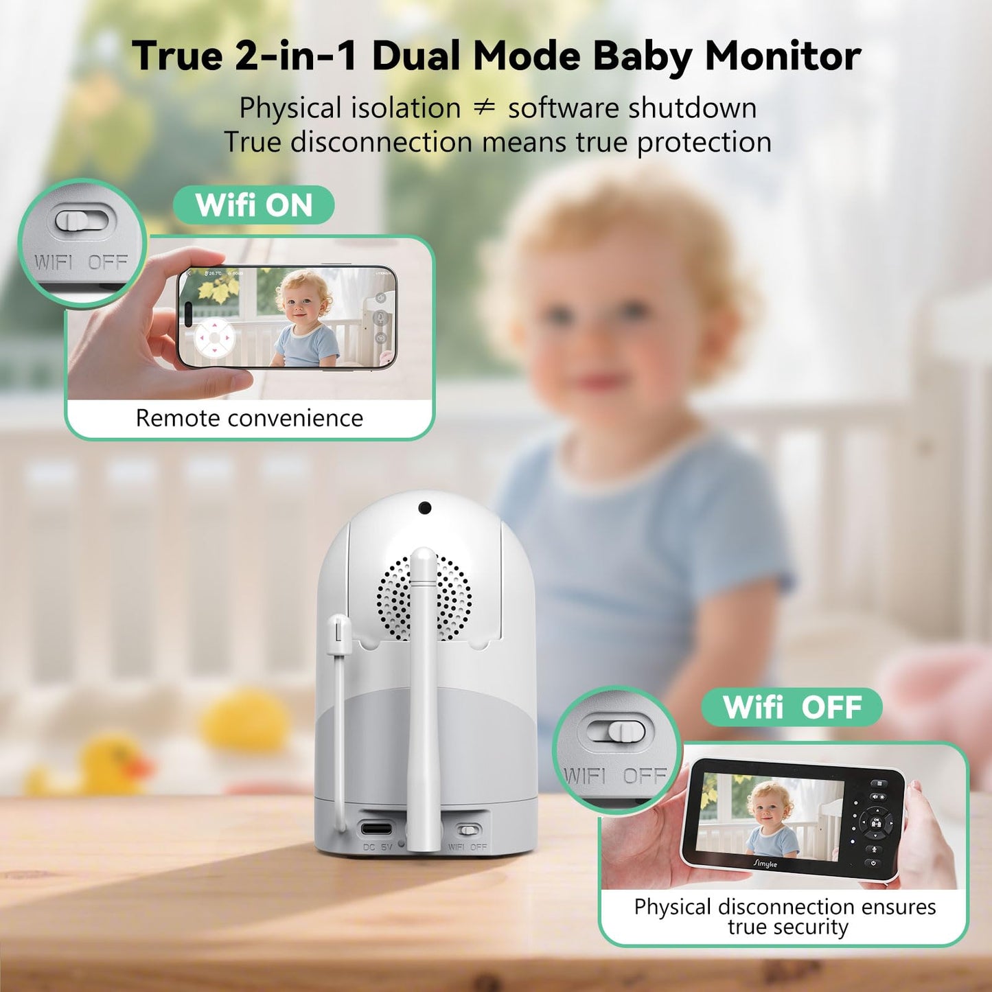 Simyke Video Baby Monitor with Camera and Audio,5inch Screen,720P,No Wifi or Free Smartphone App Mode,Remote Pan/Tilt/Zoom Camera,Lullabies,Feeding Remind,Night Vision,VOX,2-Way Talk,1500ft long Range