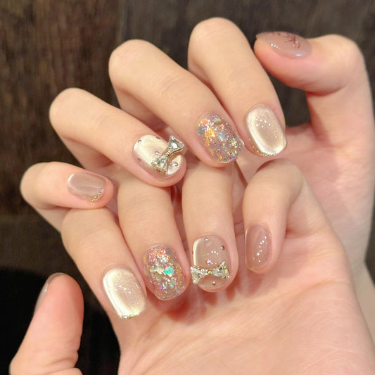 10pcs Short Oval Handmade Press On Nails | Blush Pink Bow with 3D Glitter Accents & Pearl Bows,New styles | Skip Salon Trips, Easy to Apply & Remove, Reusable (251103, XS)