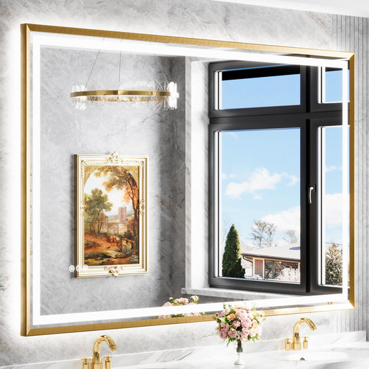 miskerm 55x36 Bathroom Mirror with Lights, Brushed Gold Metal Frame with Backlit + Front Lit, LED Bathroom Mirror, Anti-Fog, Dimmable, Bathroom Vanity Mirror Tempered Glass(Horizontal/Vertical)