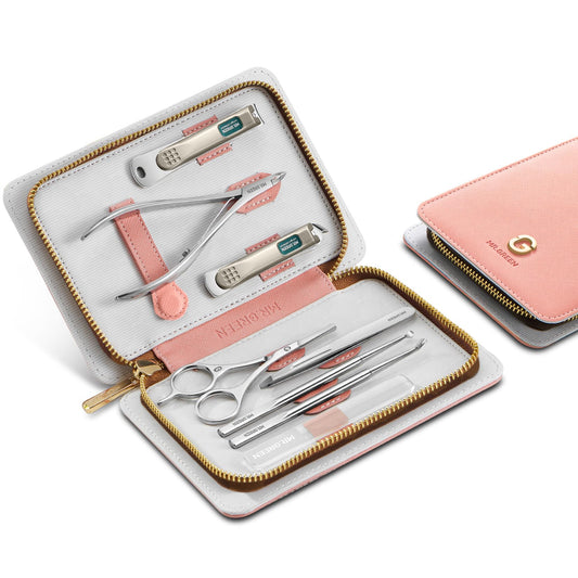 MR.GREEN Fashion Imprint Manicure Sets Professional Nail Clipper Set Personal Care Tool Kits Nial Cutter Gift With Leather Case (Pink(8Pcs Set))