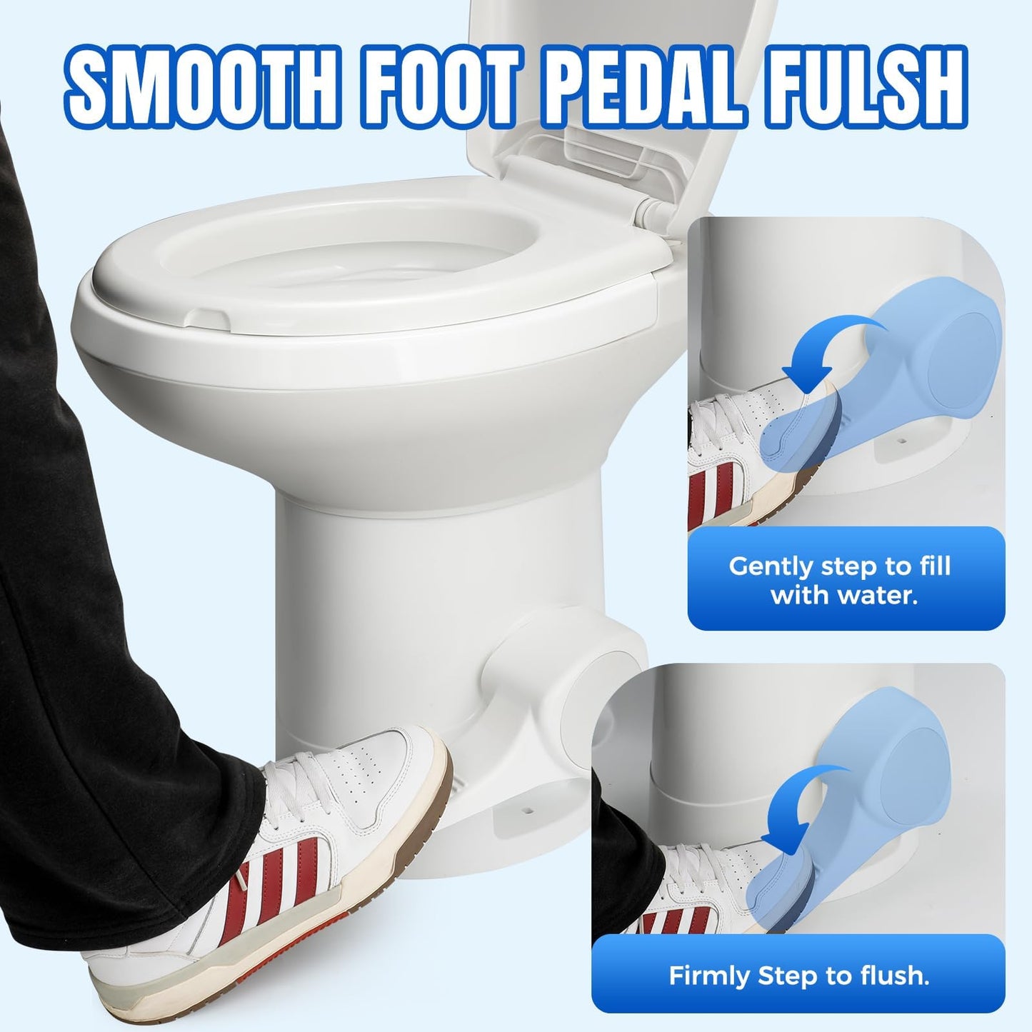 Clirass Efficient Gravity-Flush RV Toilet with Quiet-Close, Triple-Jet Flush with Adjustable Water Level, Standard Height and Foot Pedal for RVs, Trailers, and Campers