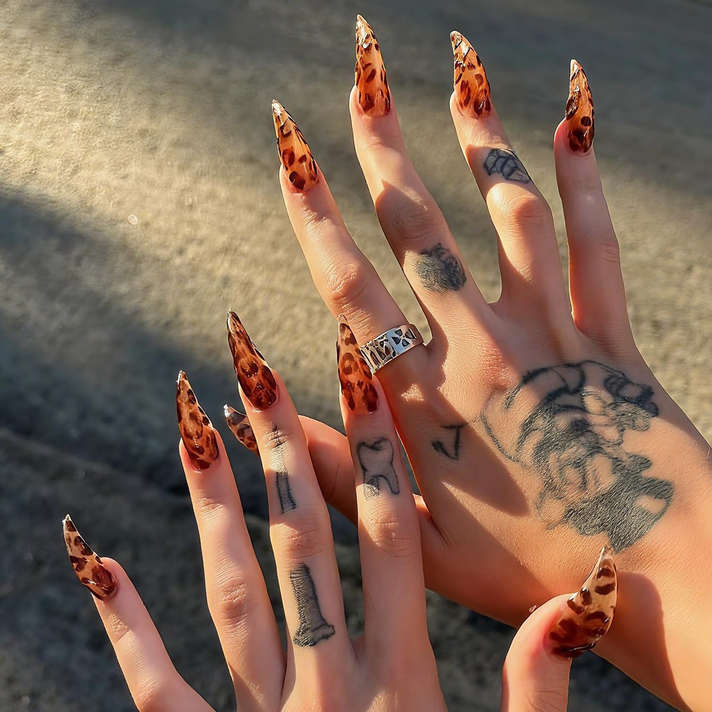 Handmade Press on Nails Medium Stiletto Brown Fake Nails Unique Eagle Claw Thick Acrylic Nails False Nails with Leopard Print Cat Claw Designs Fall Glossy Glue on Nail Curved Sturdy Nail Art 10Pcs(S)