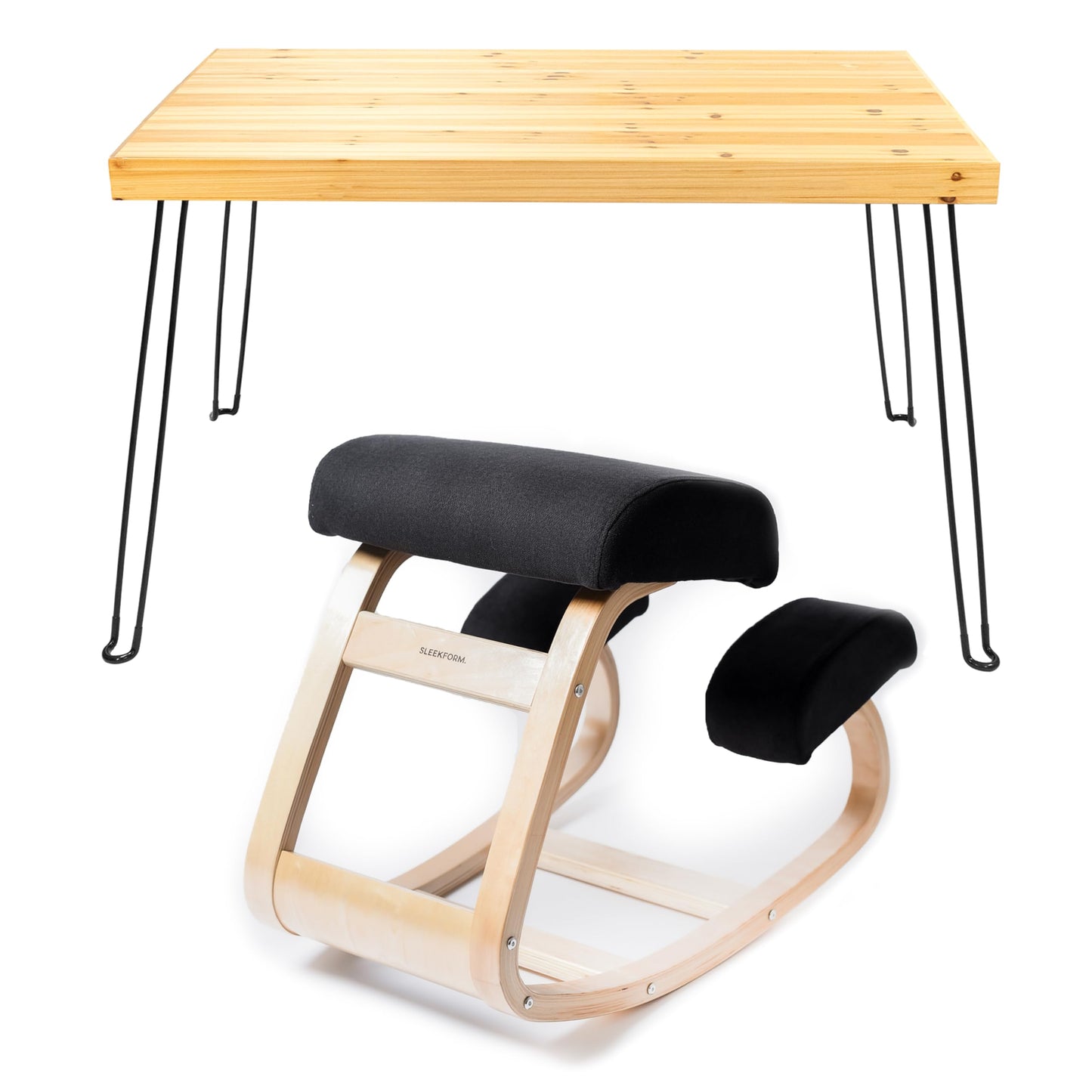Sleekform Wooden Folding Desk, Small Folding Table Portable with Collapsible Hairpin Legs, Austin Kneeling Chair, Home Office Ergonomic Computer Desk Stool