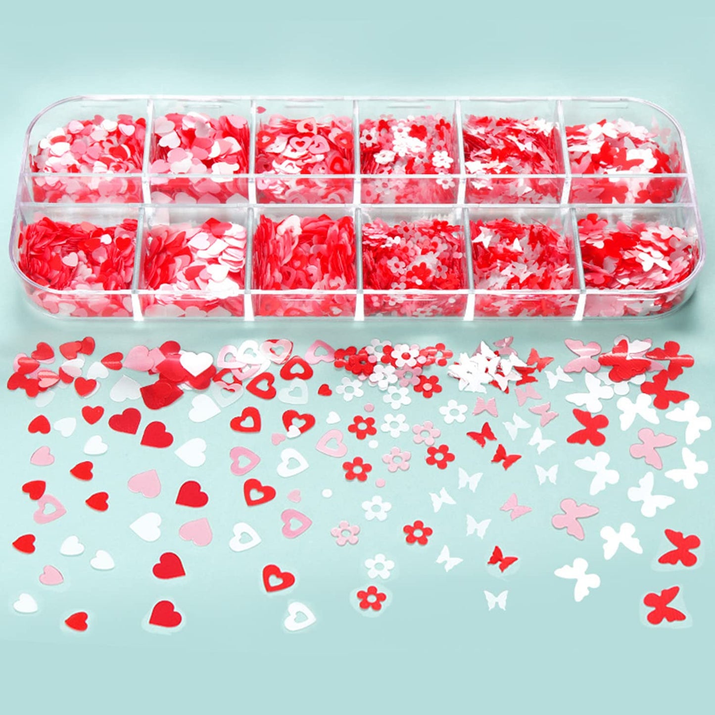 Nail Art Glitter Sequins, White and Pink 3D Glitter Flakes Designs, Love Heart Butterfly Flowers Sparkly Acrylic Nails Supplies for Women Girls Manicure Charms Decorations, DIY Resin Nail Art