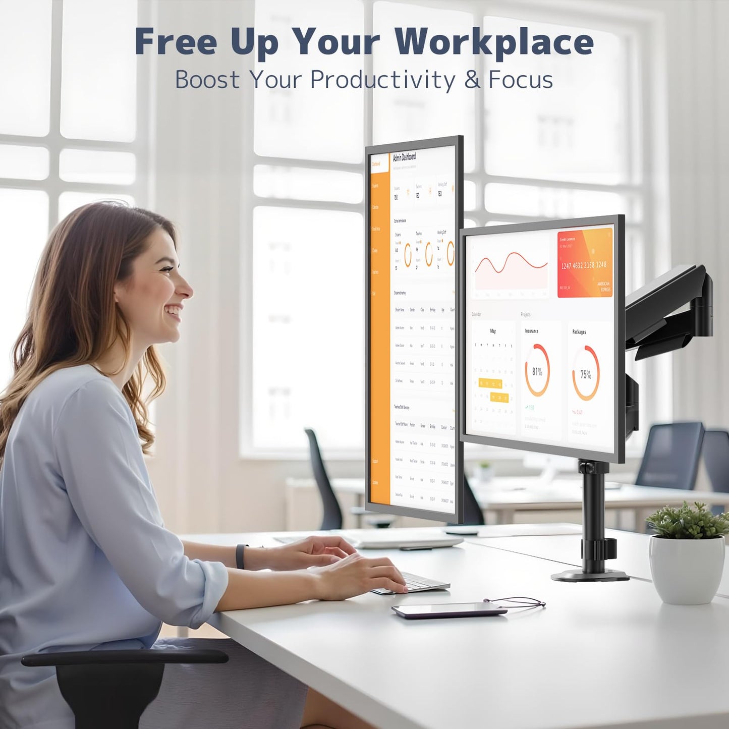 PUTORSEN Dual Monitor Stand for 17-32 Inch Screens,Holds up to 19.8lbs, Full Motion Adjustable Tilt Swivel Rotation, Space-Saving Desk Mount with C-Clamp & Grommet, VESA 75/100mm