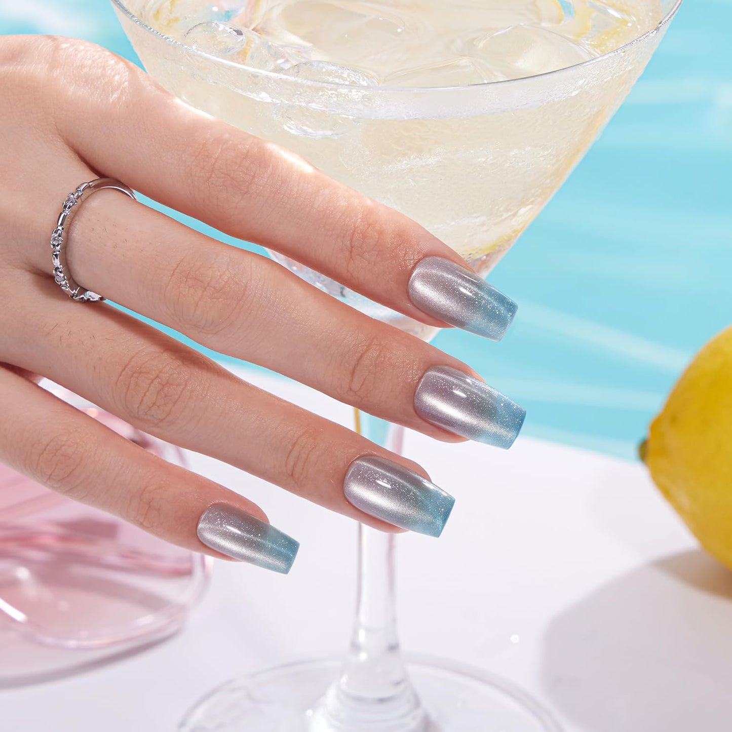 VSALON Coffin Medium Press on Nails, Icy Blue Ombre Summer Cat Eye Glossy Chrome Shimmer Fake Nails, Reusable Soft Gel Semi-Transparent Glue on Nails, 32 Pcs in 16 Sizes Kits with Glue & Cuticle Oil