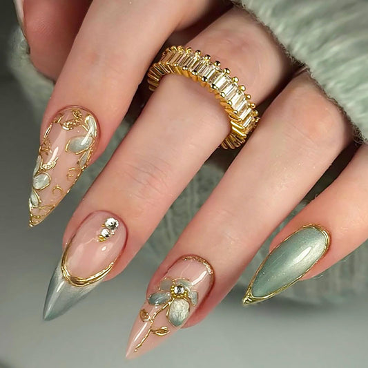 RUOKEXIN Long Almond Press on Nails French Tip Fake Nails Green False Nails with 3D Gold Flower Designs Stiletto Nail Press ons Sparkly Artificial Nails for Women 30Pcs