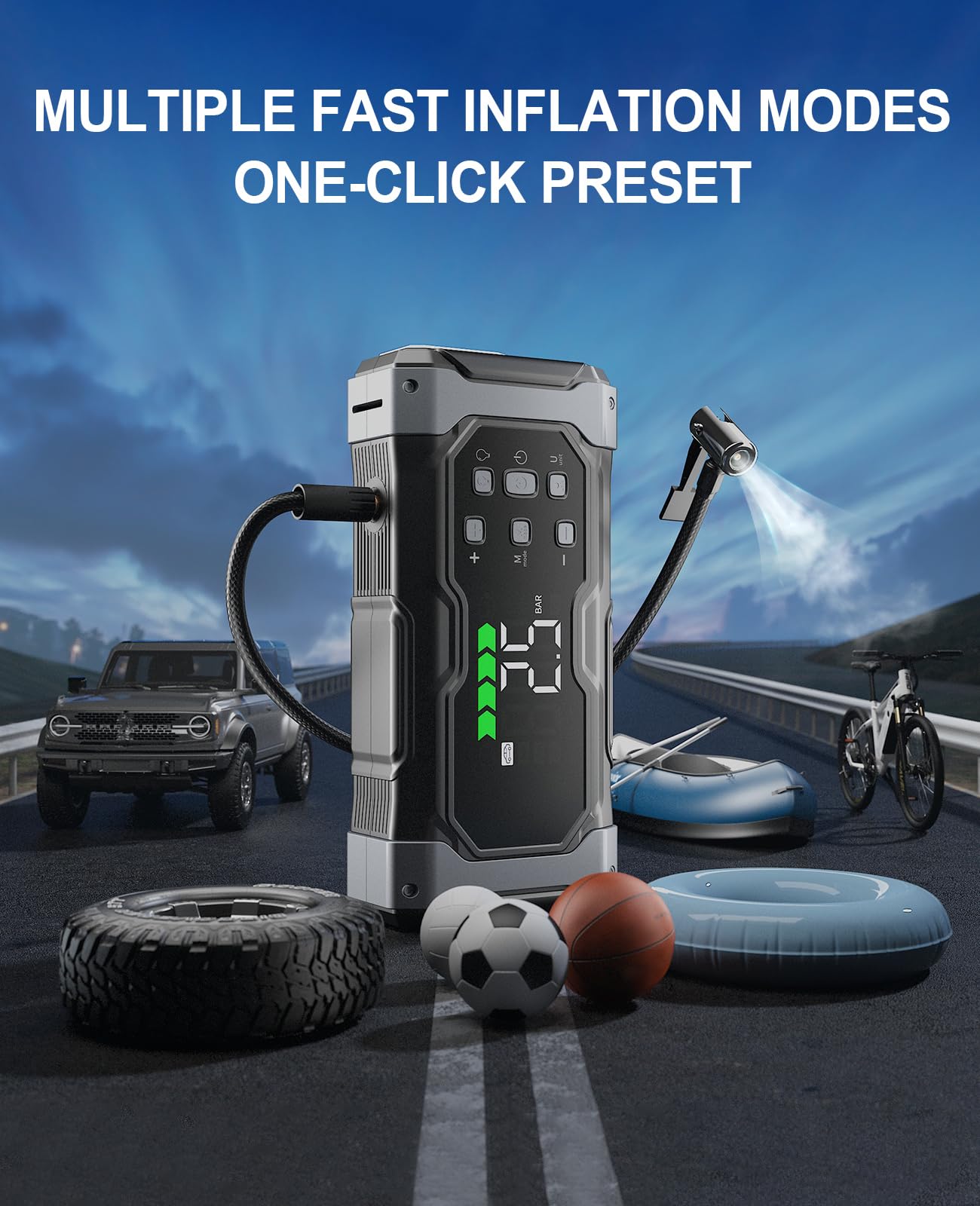 All-Around 9000A Jump Starter with 150PSI Air Compressor/Deflator, 12V Portable Car Booster (All Gas/14L Diesel), 9-in-1 Power Pack with Real-Time LCD, Smart Cables, Emergency Lights
