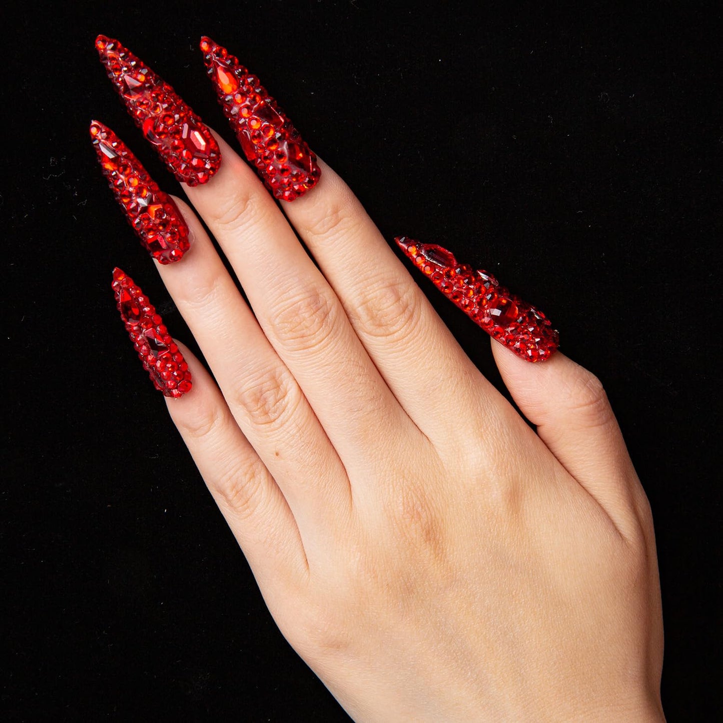 LOVFUL Press on Nails Flaming Luxury Red Stiletto | Handmade with Full Covered Crystals| Reusable Fake Nails | Stiletto Mid Length 1.7 in | H39-M