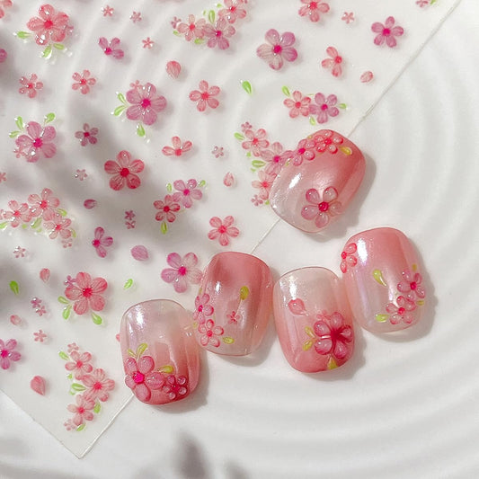 1 Sheet Pink Flower Nail Art Stickers Decals 5D Embossed Cherry Blossom Nail Stickers Exquisite Self-Adhesive Floral Nail Decals Spring Nail Art Design Stickers Supply for Women Acrylic Manicure