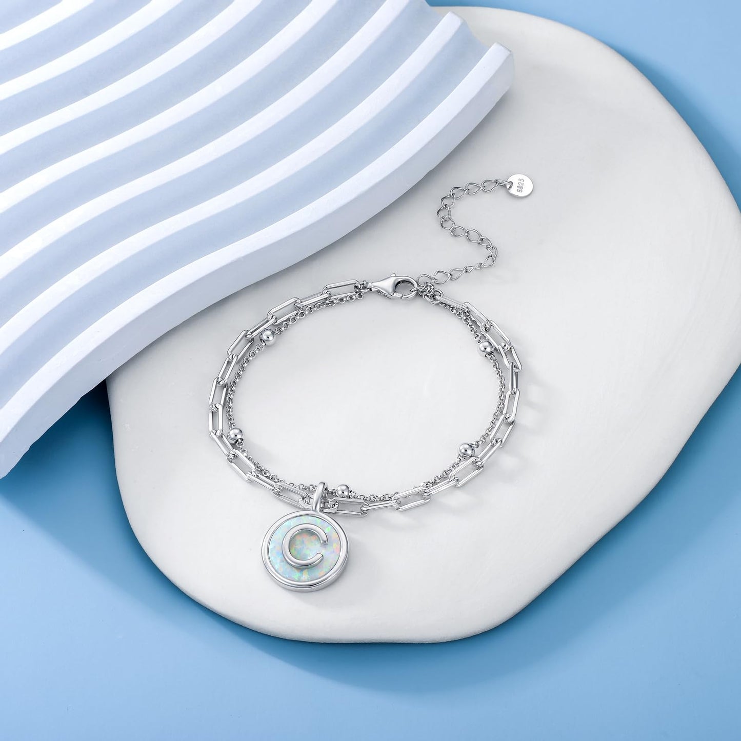 LWQQWL Initial C Bracelet for Women 925 Sterling Silver Layered Initial Bracelet Opal Letter 26 Alphabet Jewelry Christmas Gifts