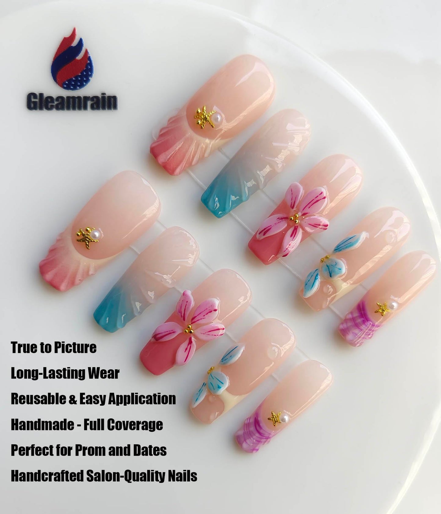 Gleamrain 10pcs Handmade Long Press-on Nails Coffin Shape (M Size) with 3D Flower Designs for Women Suitable for Summer Vacation, Beach Proms, Parties or Daily Wear, D101