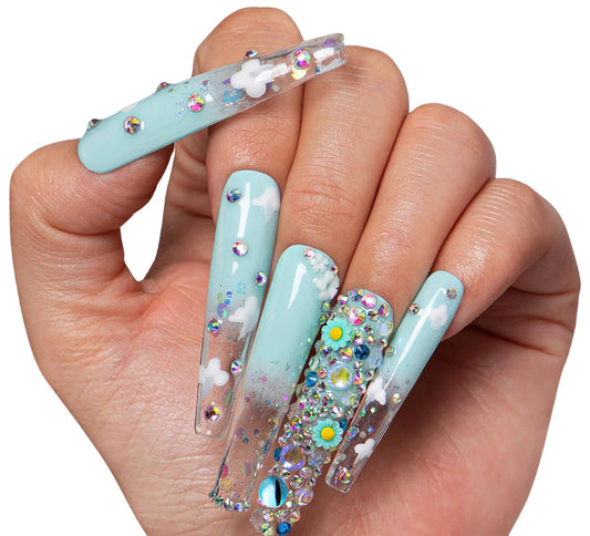 LOVFUL Reusable Press on Nails | Stellar Haze | Salon Quality Sustainable Style Handmade with Full Covered Crystals | Coffin Long 2.2 in | H316-L