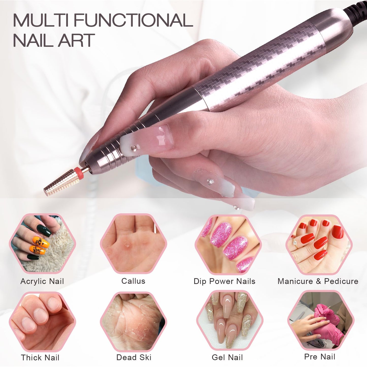 Professional Brushless Nail Drill, AZ GOGO 85W Cordless Electric Nail File 40000RPM Rechargeable Portable Nail Drill Machine for Gel/Acrylic Nails Salon Level （Rose Gold