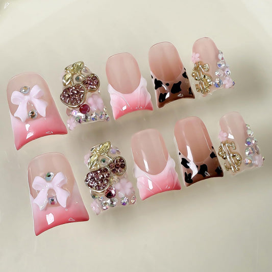 Luxury Press on Nails Short Duck Handmade 3D Unique Reusable ABS Material Fake Nails French Tip False Nails with Designs Leopard Print Flower Rhinestones Bow Glossy Glue on Nail Thick Acrylic Nail(S)
