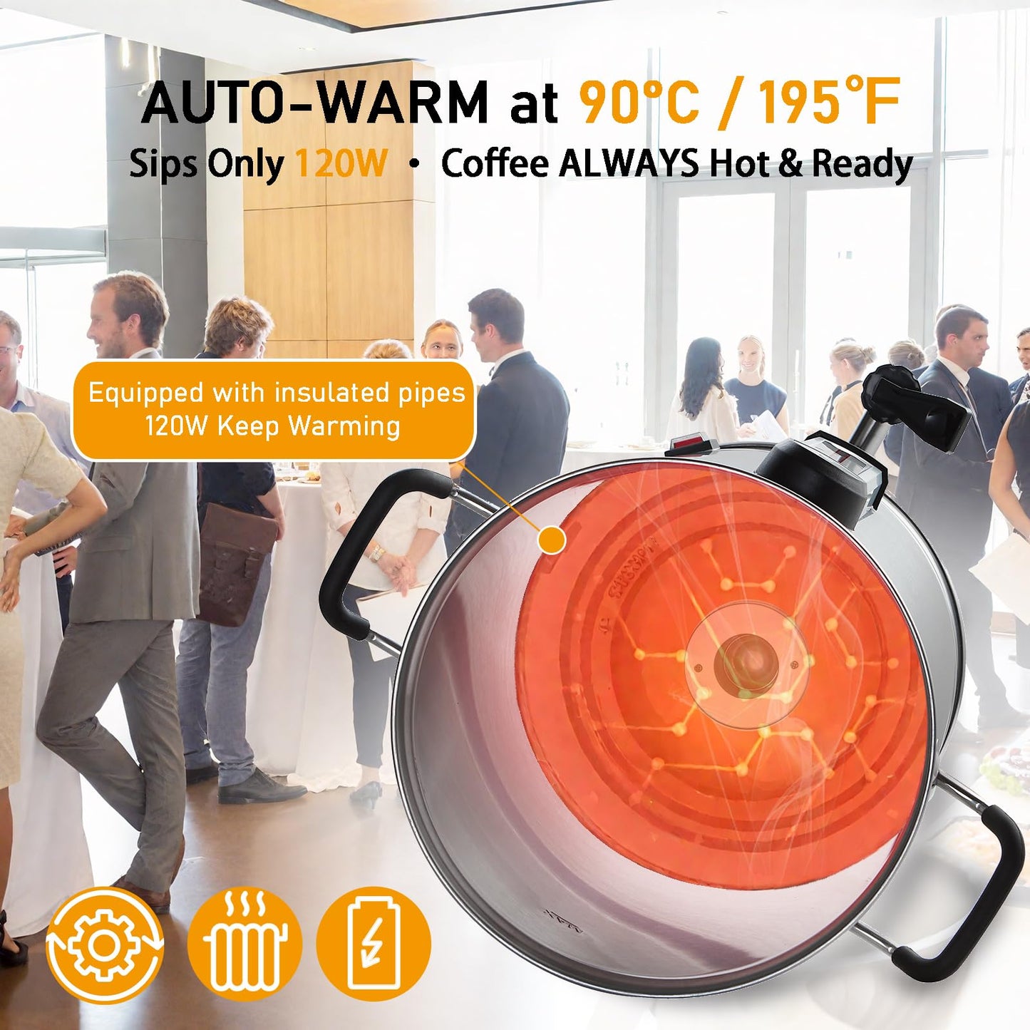 Fattong's Lab Commercial Coffee Urn, 120 Cup Large Coffee Maker for Catering & Events, 20L Stainless Steel Percolator, 1300W Fast Brew Hot Water Dispenser with Double Wall Insulation, Silver