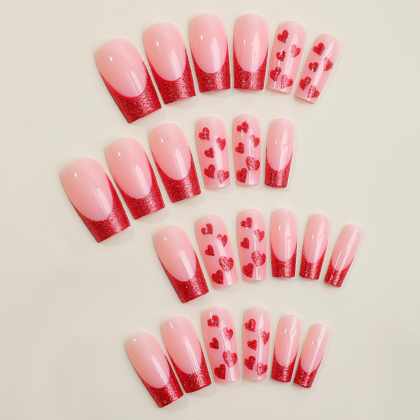 Red Heart French Tip Square Medium Press on Nails 24Pcs Glossy Full Cover Artificial Fake Nails with Designs Acrylic Coffin False Nails Sets Women Glue Stick on Fingernails with Charm