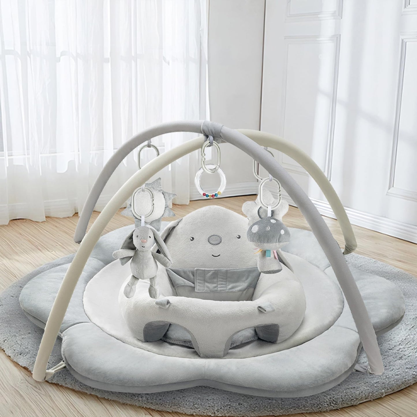 3-in-1 Baby Play Mat, Baby Seats for Infants for Sitting Up, Tummy Time Mat with 5 Detachable Toys, Baby Activity Gym & Playmats for Babies 0-6 6-12 Months, Newborn Baby Shower Gifts