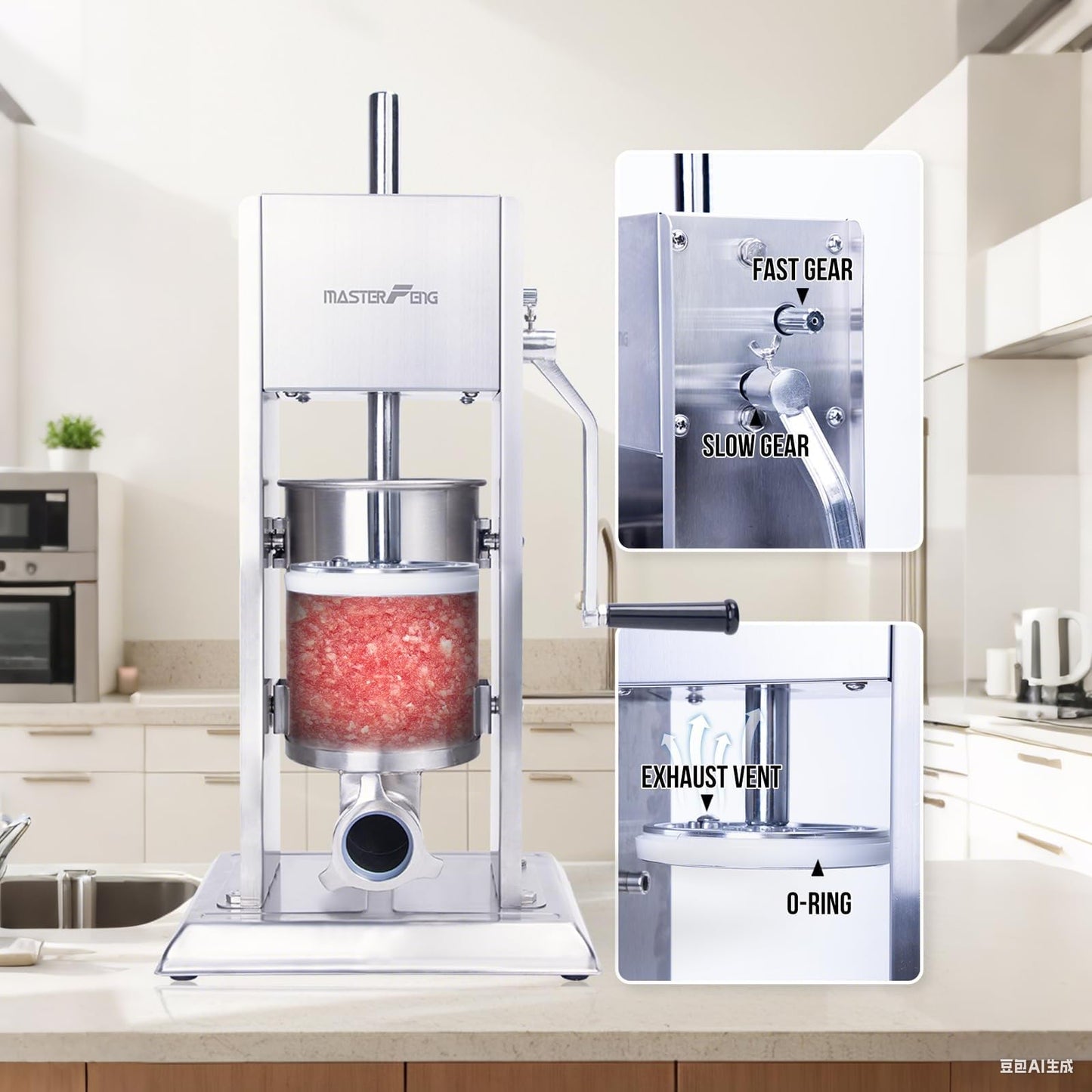 MASTER FENG Stainless Steel Sausage Stuffer, Manual 3L Capacity, Homemade Vertical Sausage Maker Two Speed Meat Filling Machine