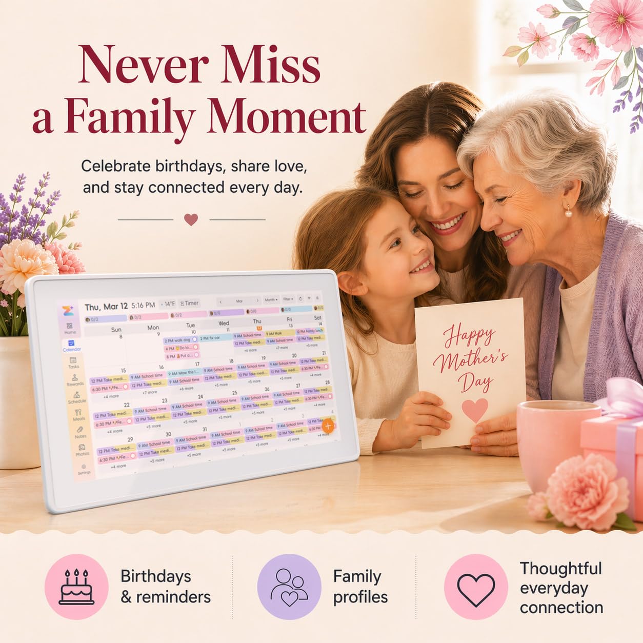 OWNCOZY 15.6 Inch Wall Planner Digital Calendar & Chore Chart, Smart Touchscreen Interactive Family Schedule Display with Electronic Photo Album, Wall-Mounted Smart Home Organizer for Daily Tasks, Appointments & Photo Slideshow, White