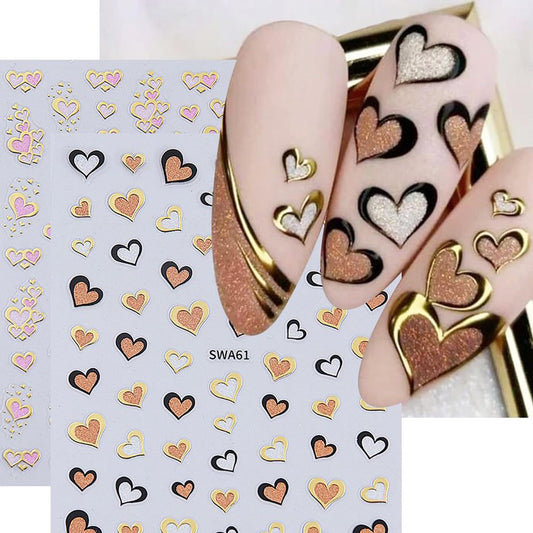 BSBTBZ Valentine's Day Heart Nail Stickers 2 Sheets 3D Self-Adhesive Colorful Gold Foil Glitter Heart Nail Art Decals DIY French Manicure Decals Tip Women Nail Decor