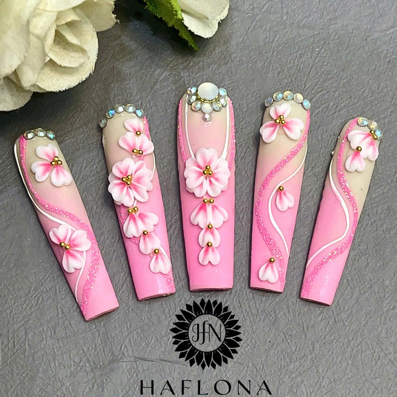 Set 20Pcs Pink Heart 3D Flowers for Nails, Handmade 3D Acrylic Flowers for Valentine - Wedding Nails, Flower Nail Made by Acrylic Powder Design Deco Nail Art Women Girls (15 Pink Heart 2#)