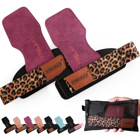 Frelaxy Lifting Wrist Straps Women and Men, Weight Lifting Grips with Cushion Wrist Loop, Double Layer Leather and Storage Pouch, Gym Workout Straps for Deadlift and Powerlifting (Purple/Leopard)