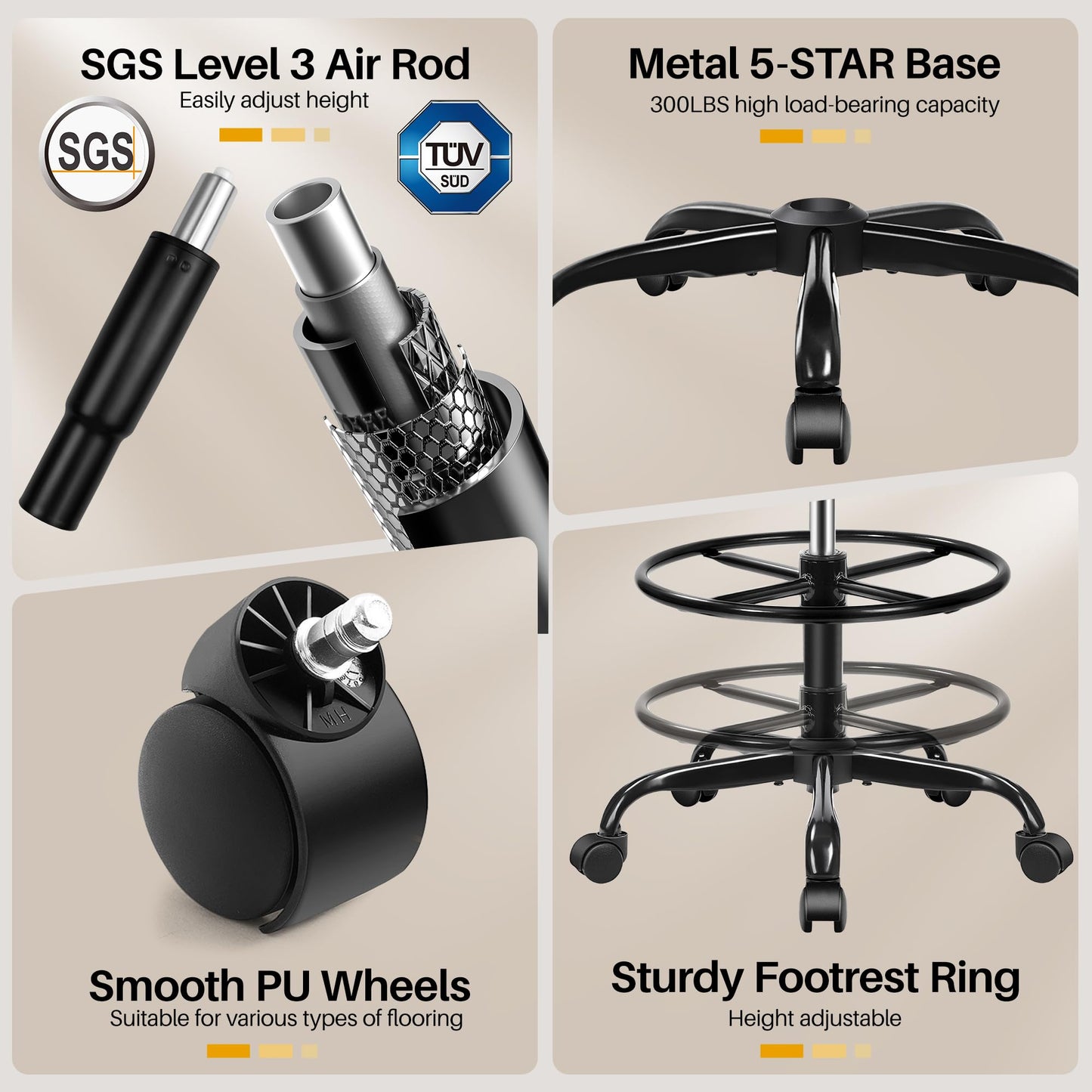 FINATI Drafting Chair, Tall Office Chair for Standing Desk, Ergonomic High Back with Headrest, Lumbar Support, Foot Ring and Flip-up Armrests, Black