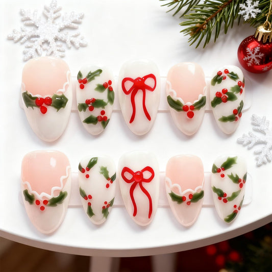 24Pcs Christmas Press on Nails Short Almond Red Bow Fake Nails with Rhinestones Christmas Holly Acrylic Nails Winter French Tip False Nails New Year Full Cover Stick on Nail for Women Nail Art Design