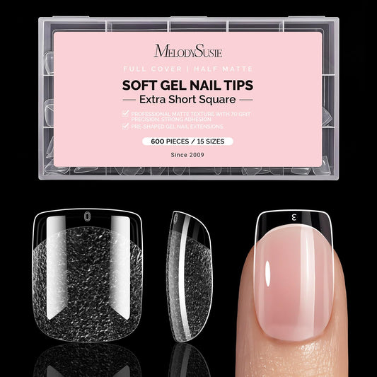 MelodySusie Extra Short Square X Nail Tips - 600Pcs 15 Sizes Clear Acrylic, Half Matte Full Cover Press on Nails for DIY Extension & Salon Use, Pre-Shaped for Long-Lasting Manicure